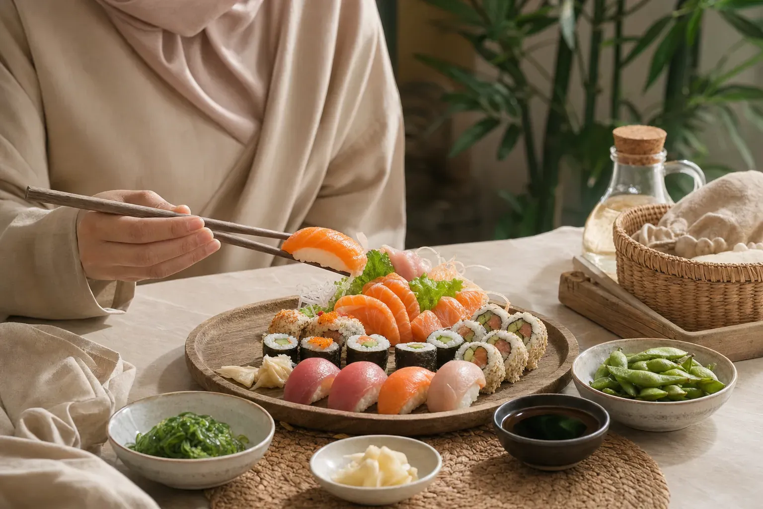 Illustration: is sushi halal, fish, vinegar and sake, what to really check