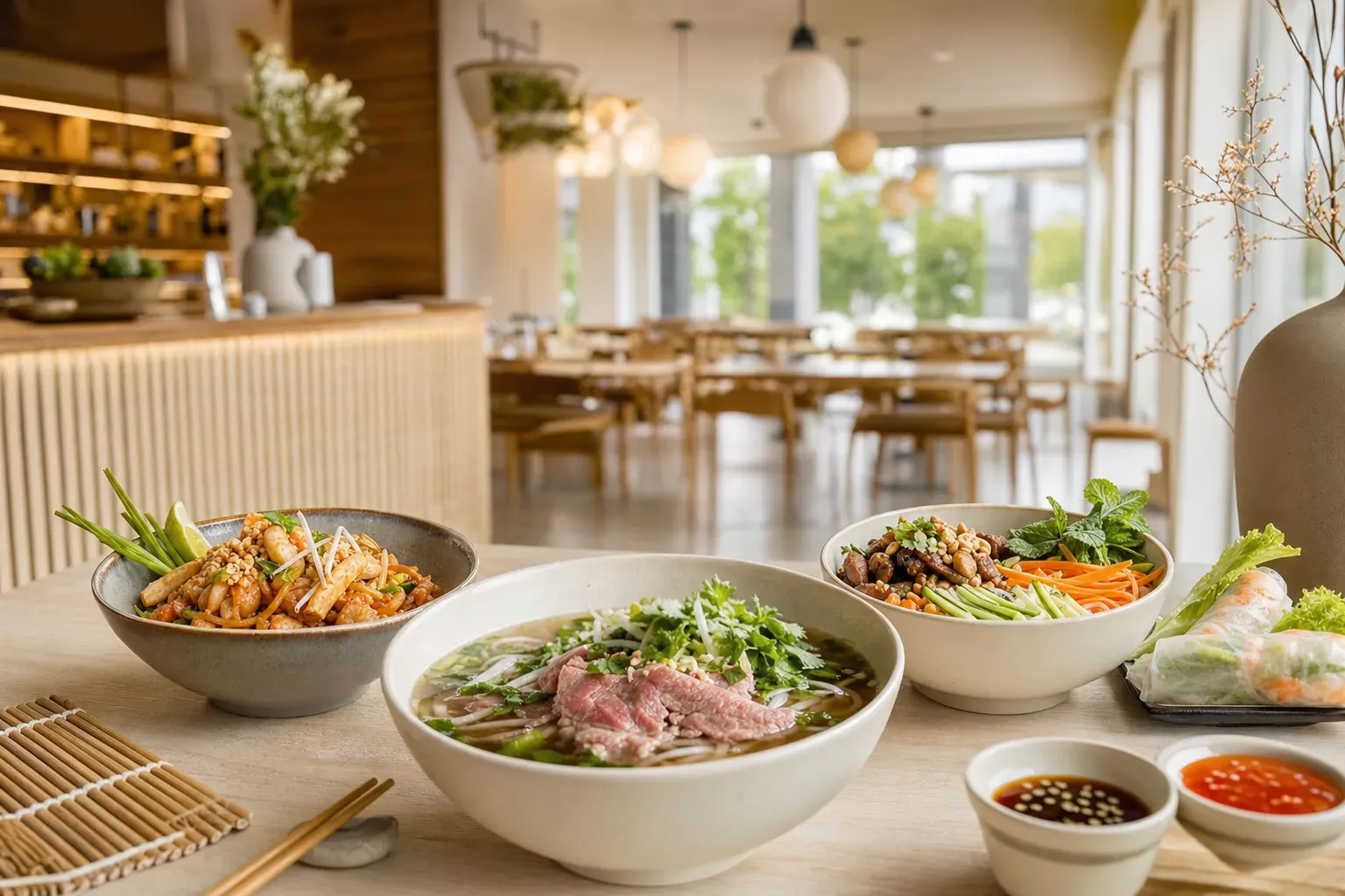 Editorial illustration: bo bun, pad thai and pho, is Vietnamese and Thai food halal