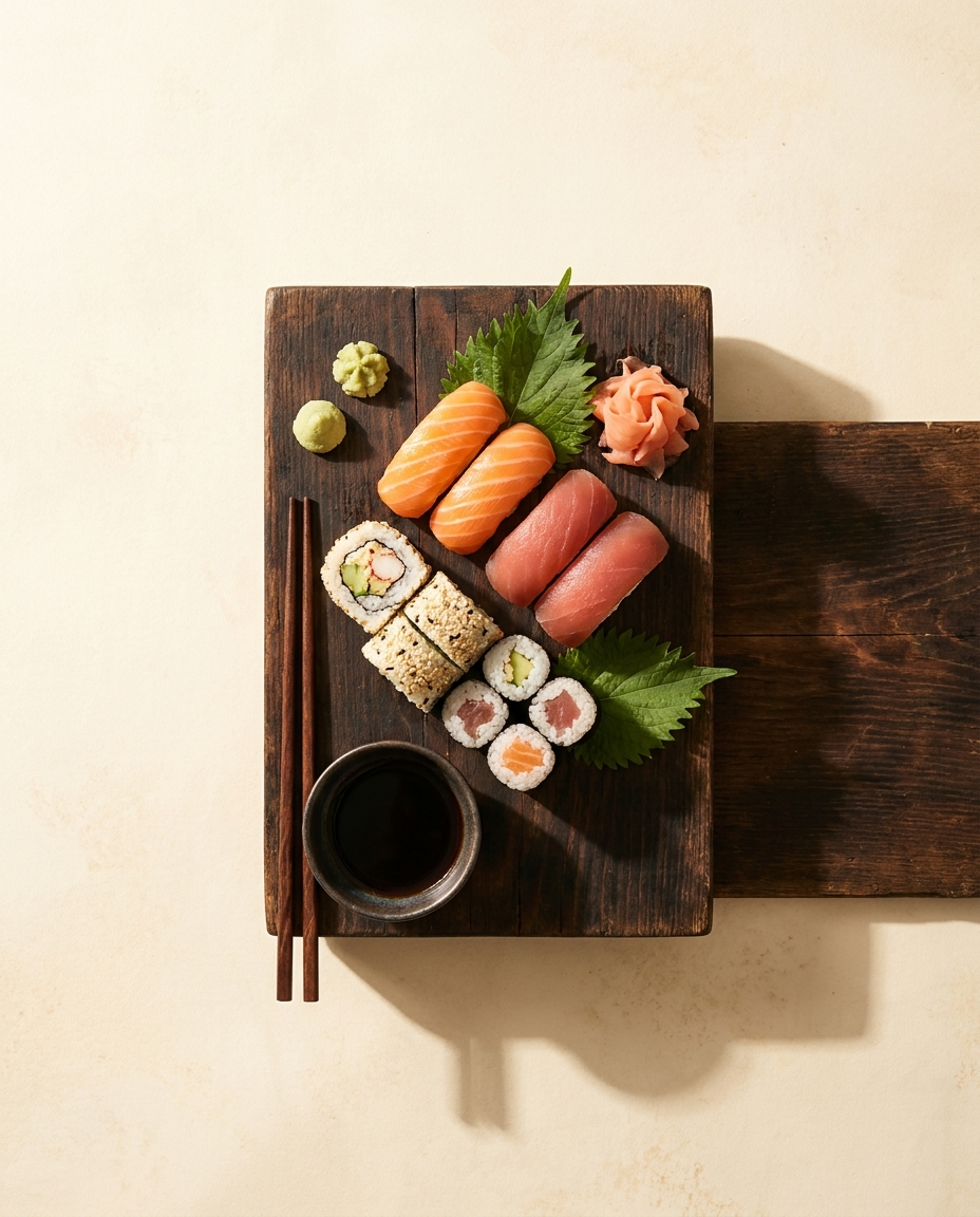 Assortment of sushi and maki on a wooden board at Sushi & Nem