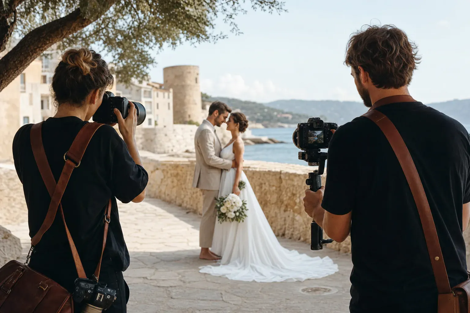 Vidéaste en tournage avec caméra professionnelle, illustration d'une couverture de mariage en duo photo et vidéo
