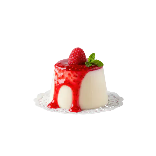Panna cotta au coulis de fraise décorée d’une framboise, dessert en verrine pour baby shower