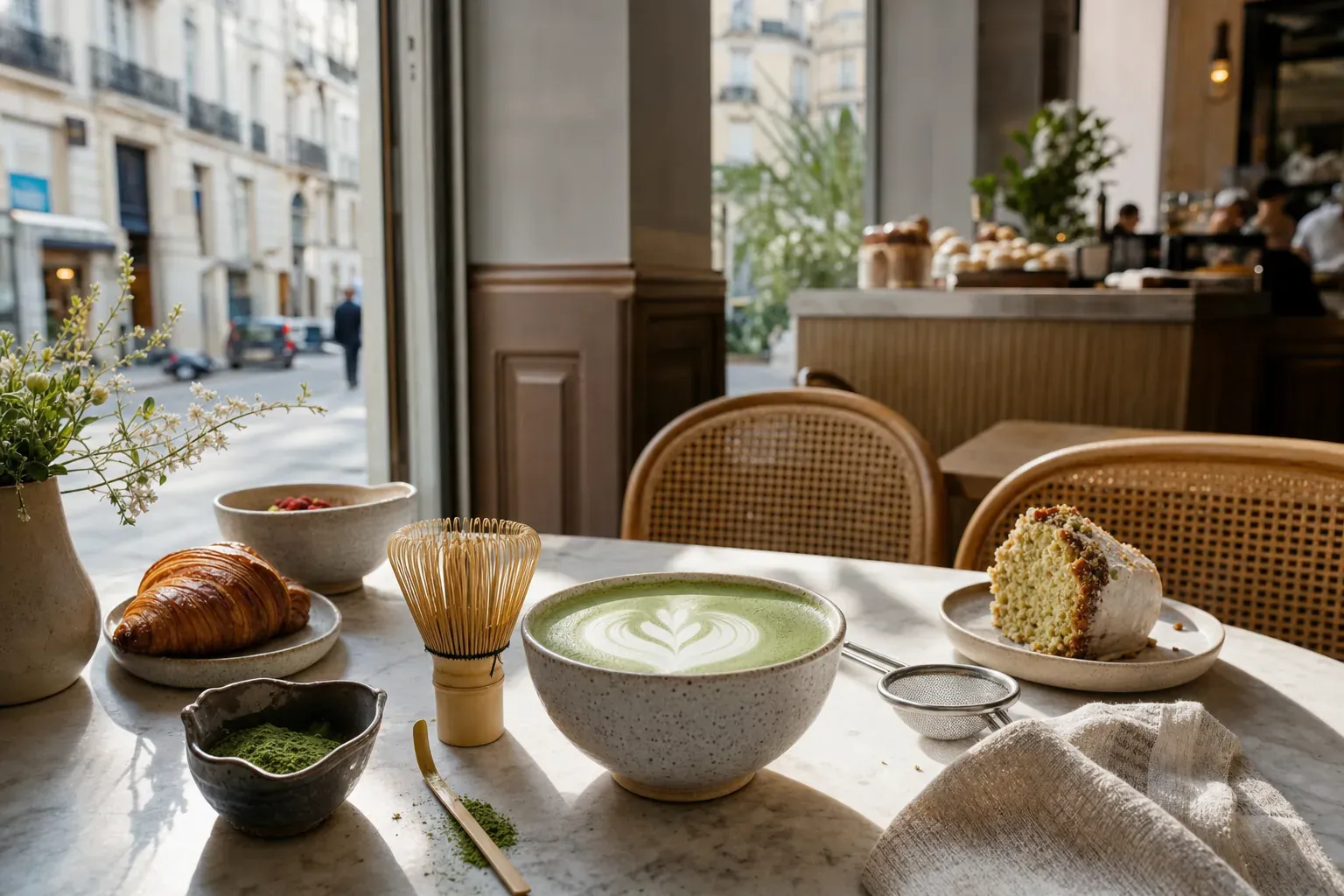 Matcha latte servi en verre, préparé à la minute au comptoir d'un coffee shop de spécialité parisien