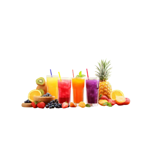Jus de fruits frais colorés entourés de fruits, pour un buffet de petit-déjeuner de présentation ou d'atelier