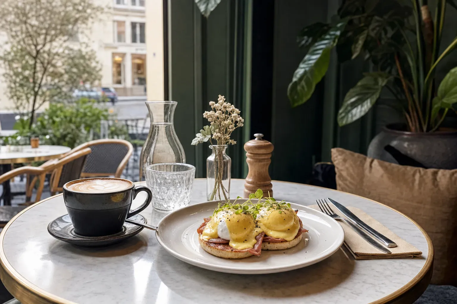 Assiette de brunch avec œufs, bacon et avocat, ambiance d'eggs benedict à Paris