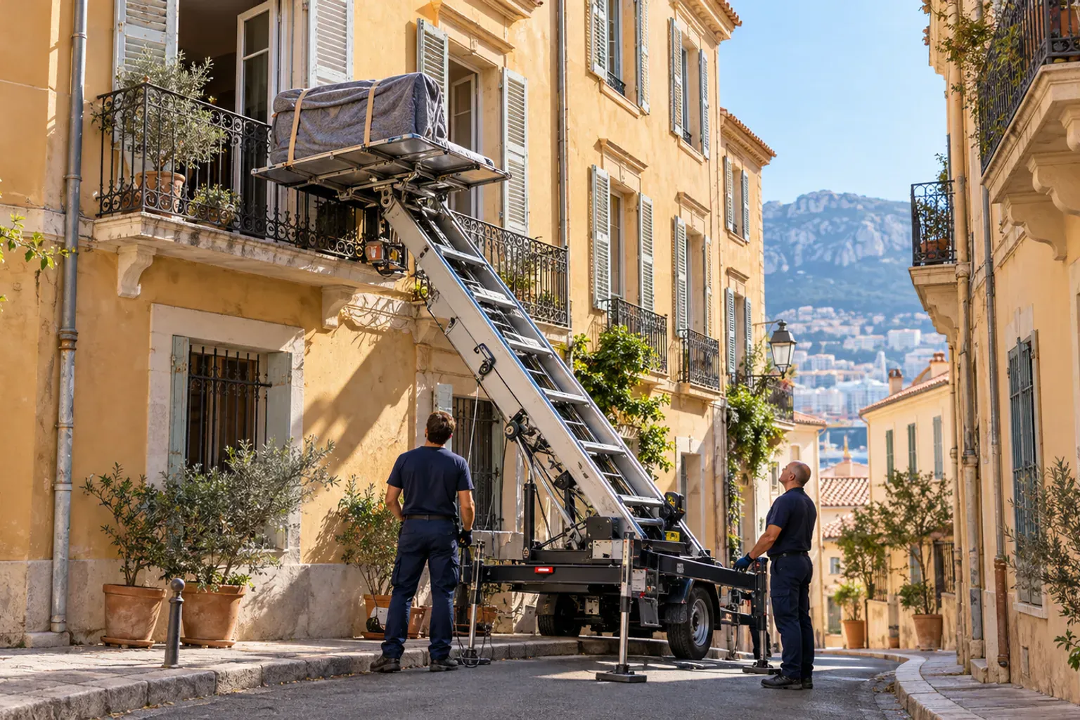 Déménageur utilisant un monte-meuble sur échelle pour hisser des cartons le long d'une façade d'immeuble
