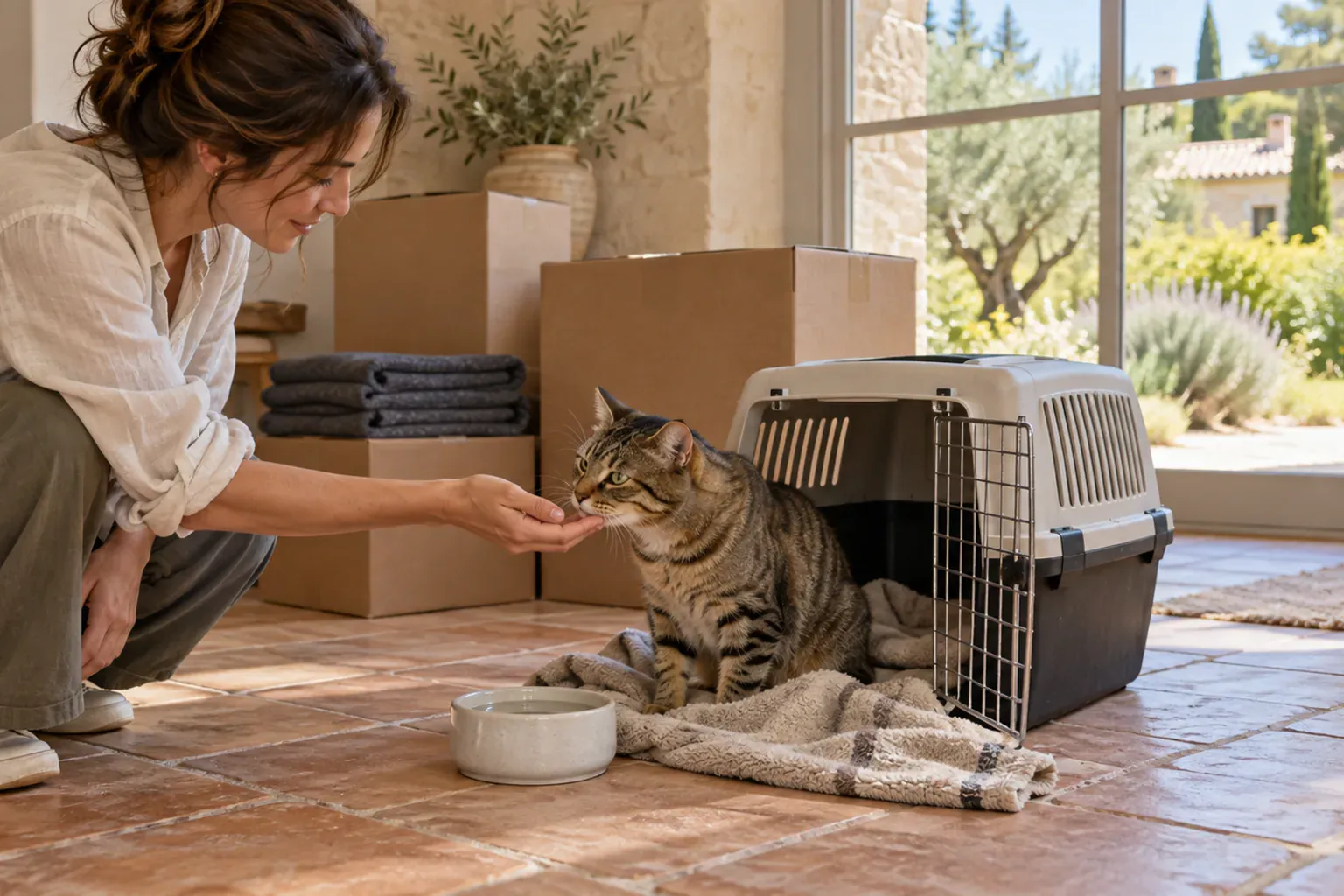 Chat et chien accompagnant leur famille pendant un déménagement en Provence