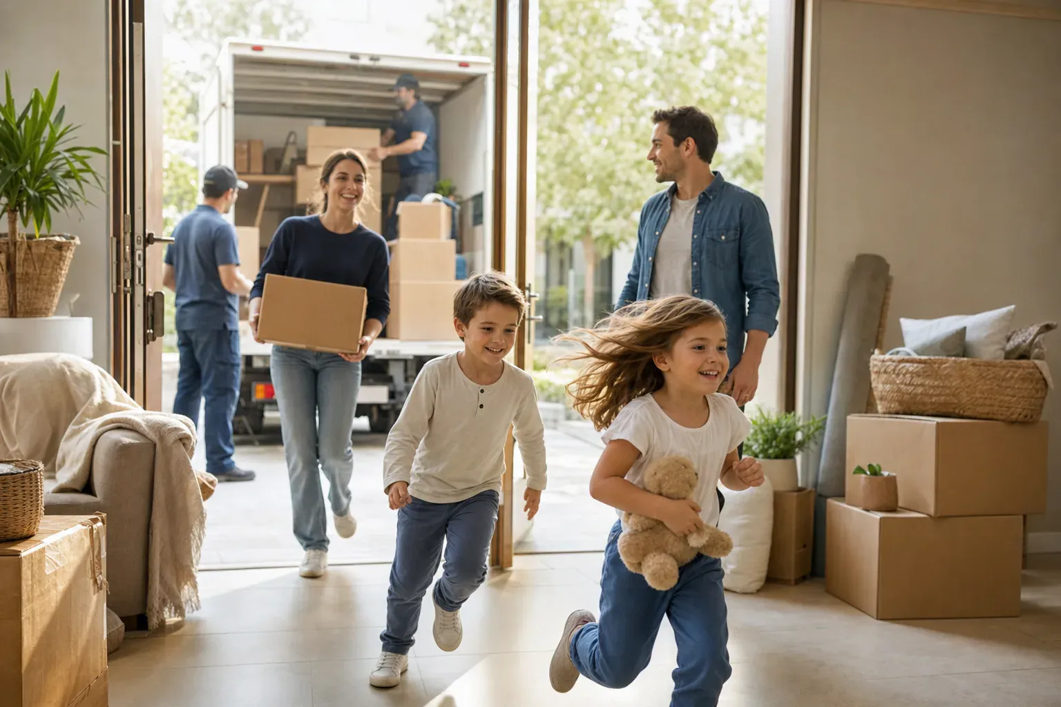 Famille avec enfants préparant sereinement un déménagement