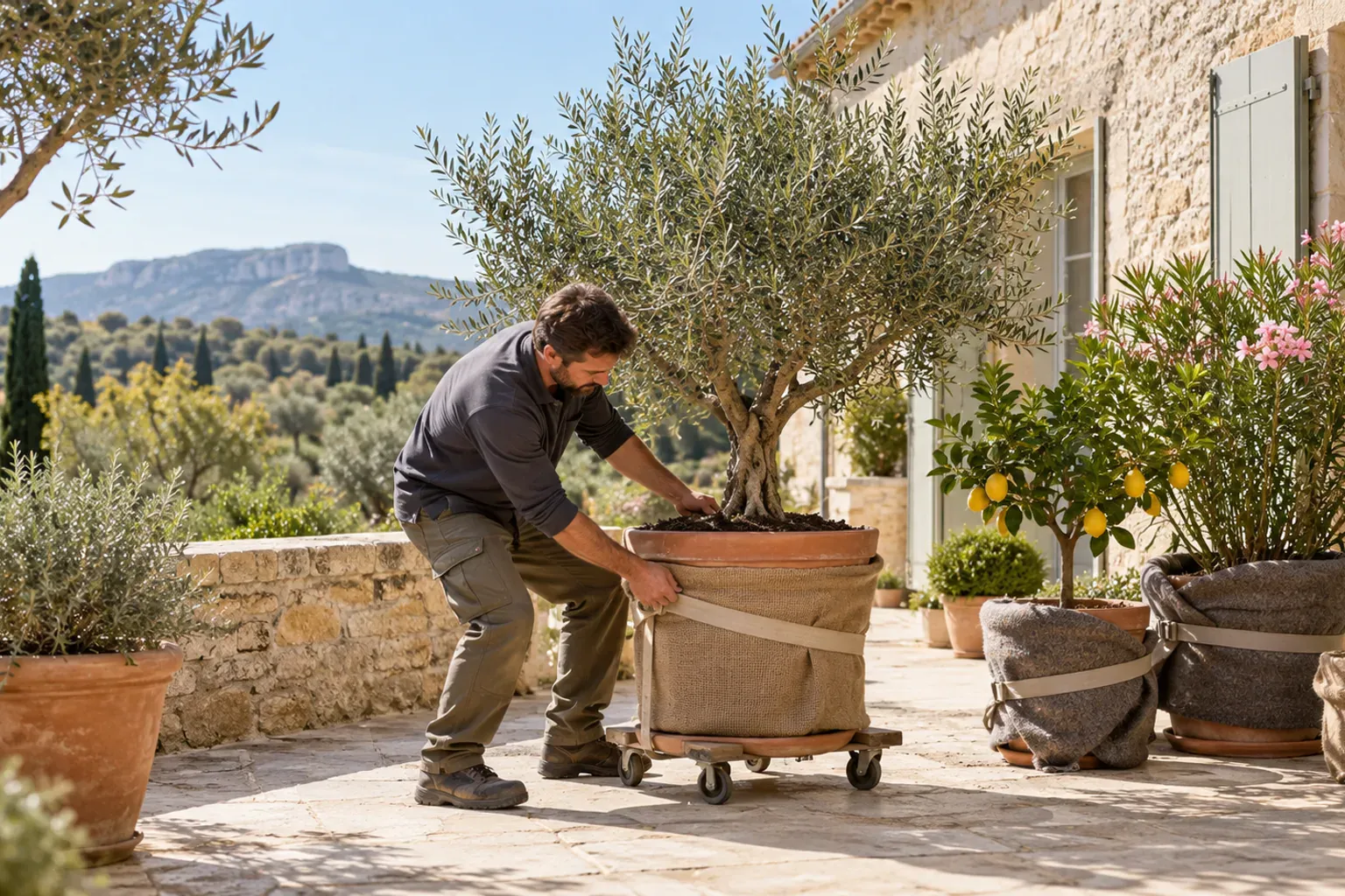 Oliviers en pot, citronnier et plantes d'intérieur préparés pour un déménagement en Provence