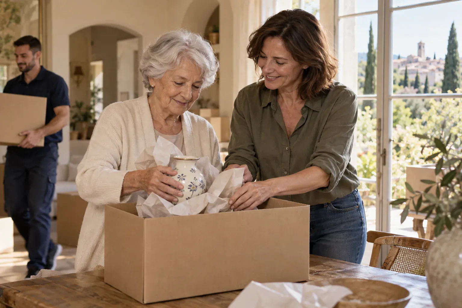 Déménagement senior : une personne âgée accompagnée par sa famille vers un nouveau logement plus petit