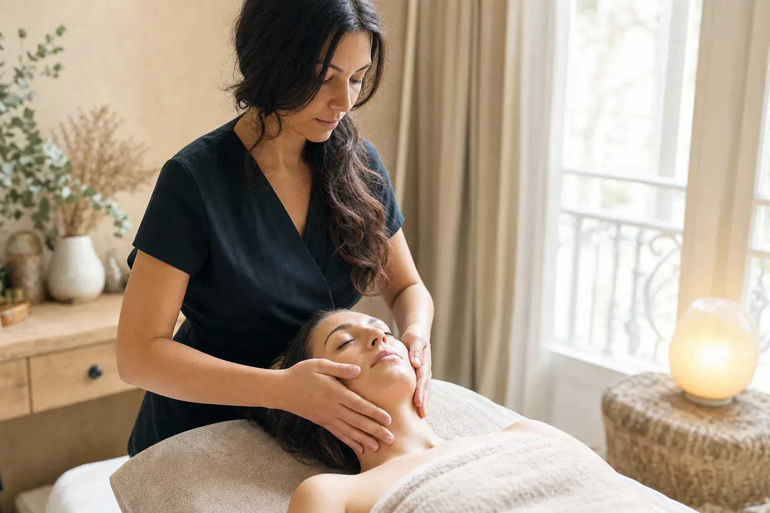 Femme recevant un massage du visage dans une ambiance spa, aux bougies, à Marseille