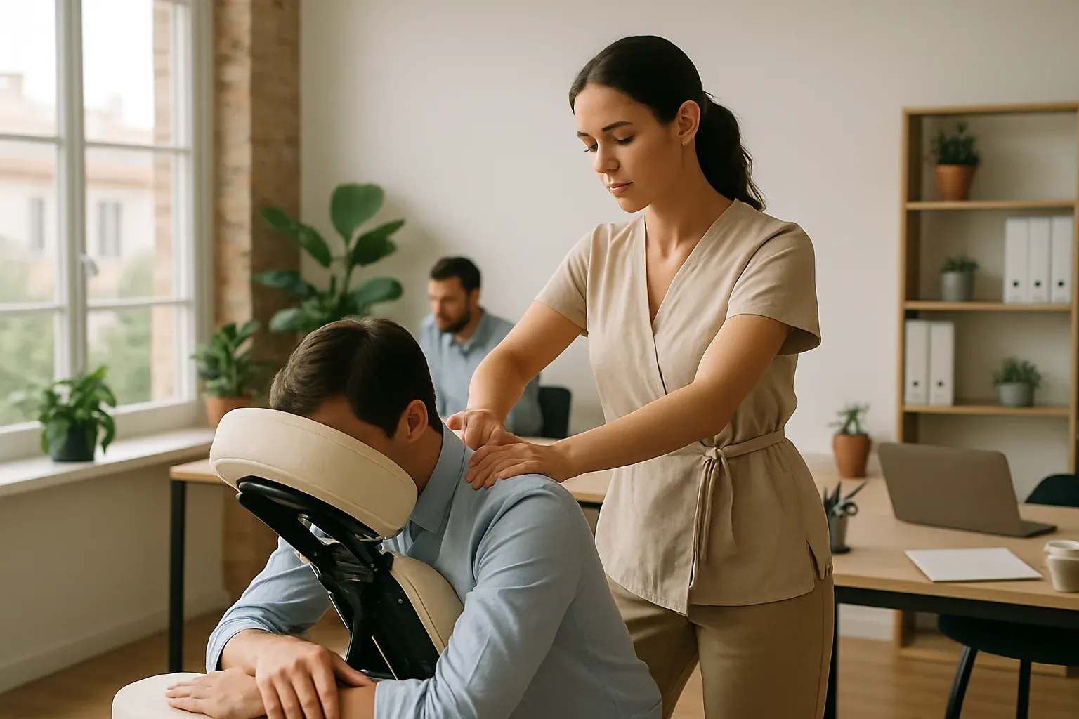 Séance de massage assis organisée dans les locaux d’une entreprise à Marseille