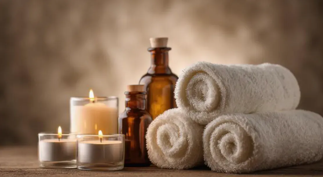 Ambiance spa à domicile : bougies, huiles et serviettes pour un soin du visage à Marseille