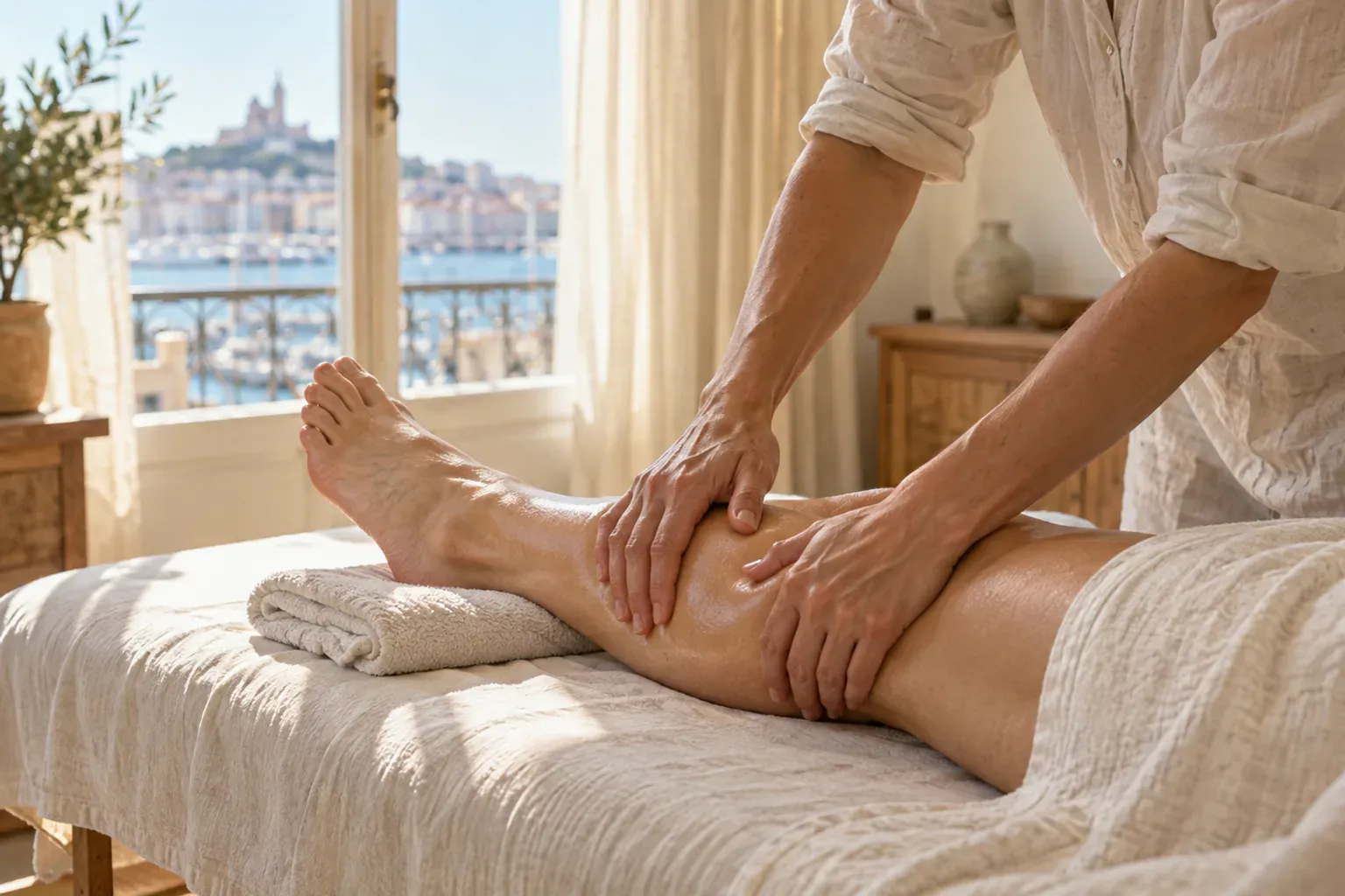 Praticienne massant le bas du dos d’une cliente allongée, massage pour améliorer la circulation sanguine