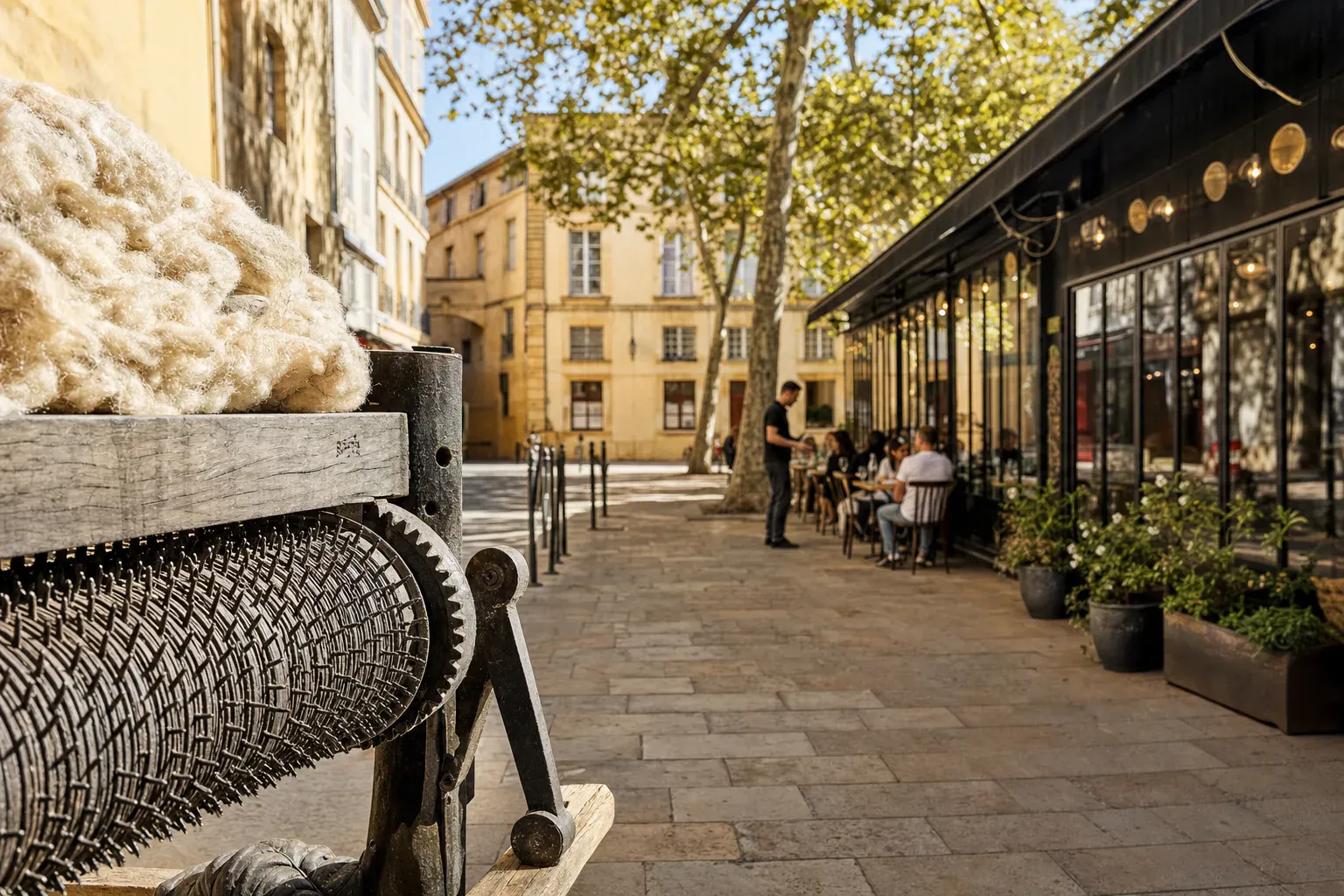 Illustration of the history of Place des Cardeurs, from wool craftsmen to today's terraces