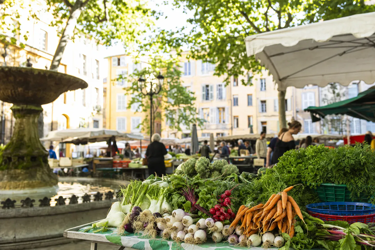 Colourful Provençal market stall in Aix-en-Provence: fruit, vegetables and local produce