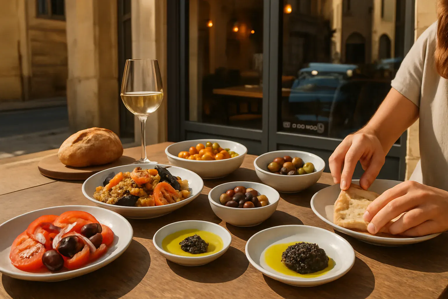 Illustration de spécialités provençales à goûter à Aix-en-Provence : tapenade, fougasse et légumes du Sud