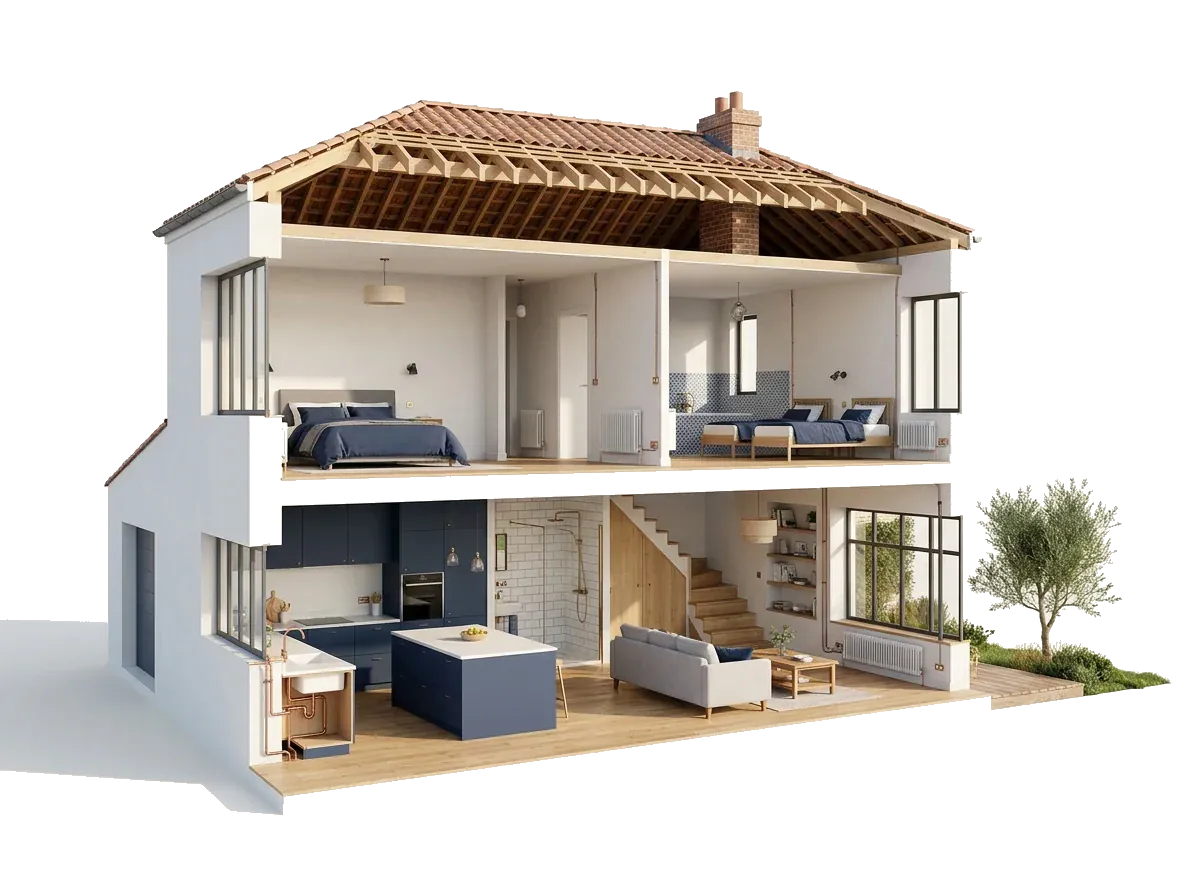 Maison en coupe montrant les onze corps d'état d'un projet de rénovation, du gros œuvre aux finitions
