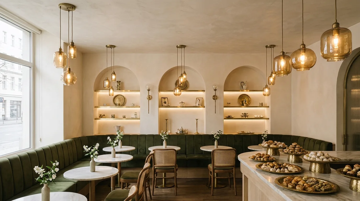 Salle de YASMÎN Coffee Shop : arches crème, banquettes vertes, suspensions en laiton et comptoir garni de plateaux de pâtisseries