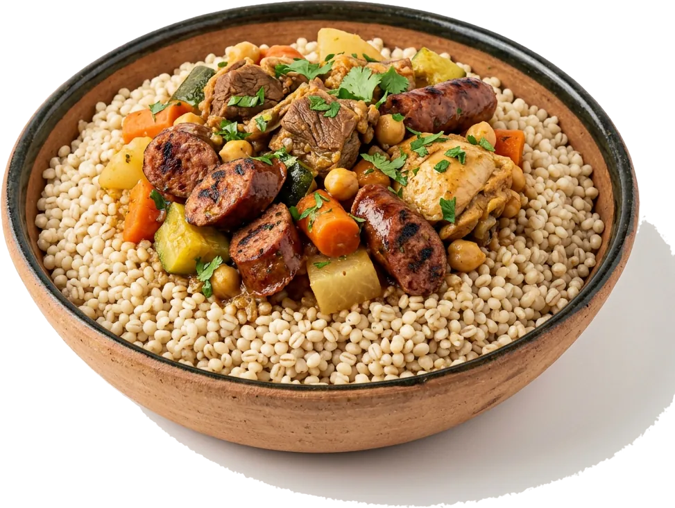 Couscous au blé d'orge garni de viandes et de légumes