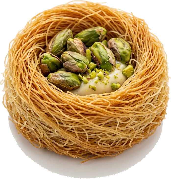 Nid de cheveux d’ange garni de crème et de pistaches entières
