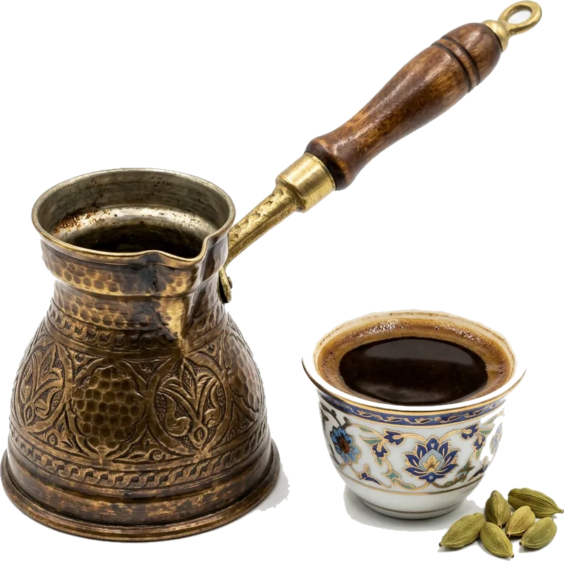 Cafetière turque en laiton et tasse de café syrien