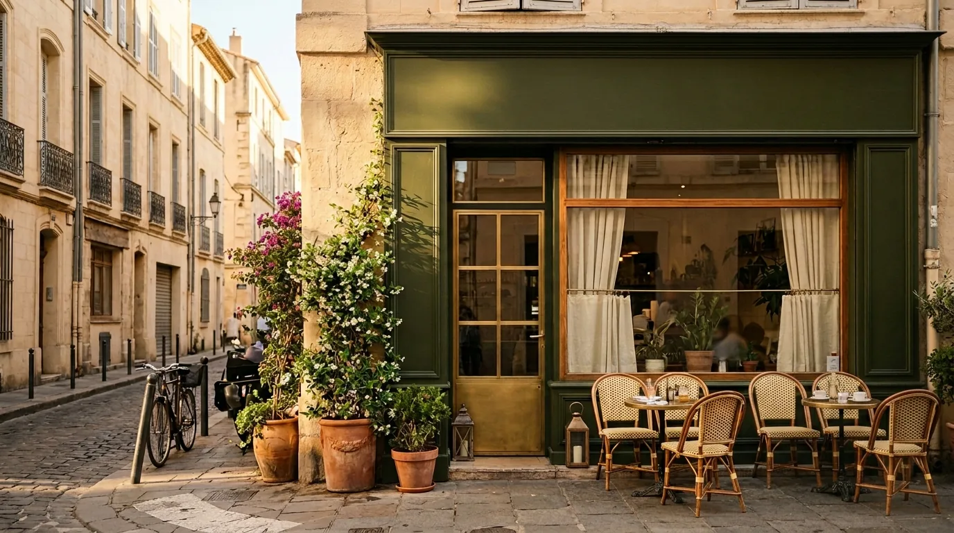 Devanture de YASMÎN Coffee Shop, façade vert olive rue de la République à Marseille