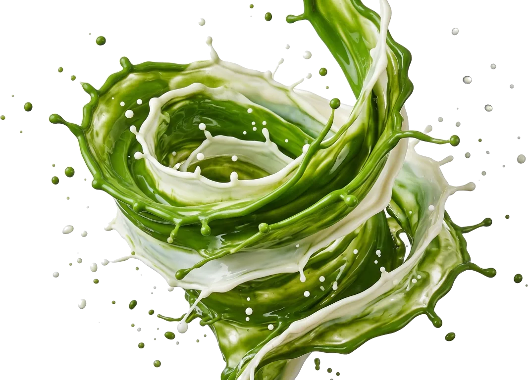 Éclaboussure de matcha vert et de lait figée en plein vol