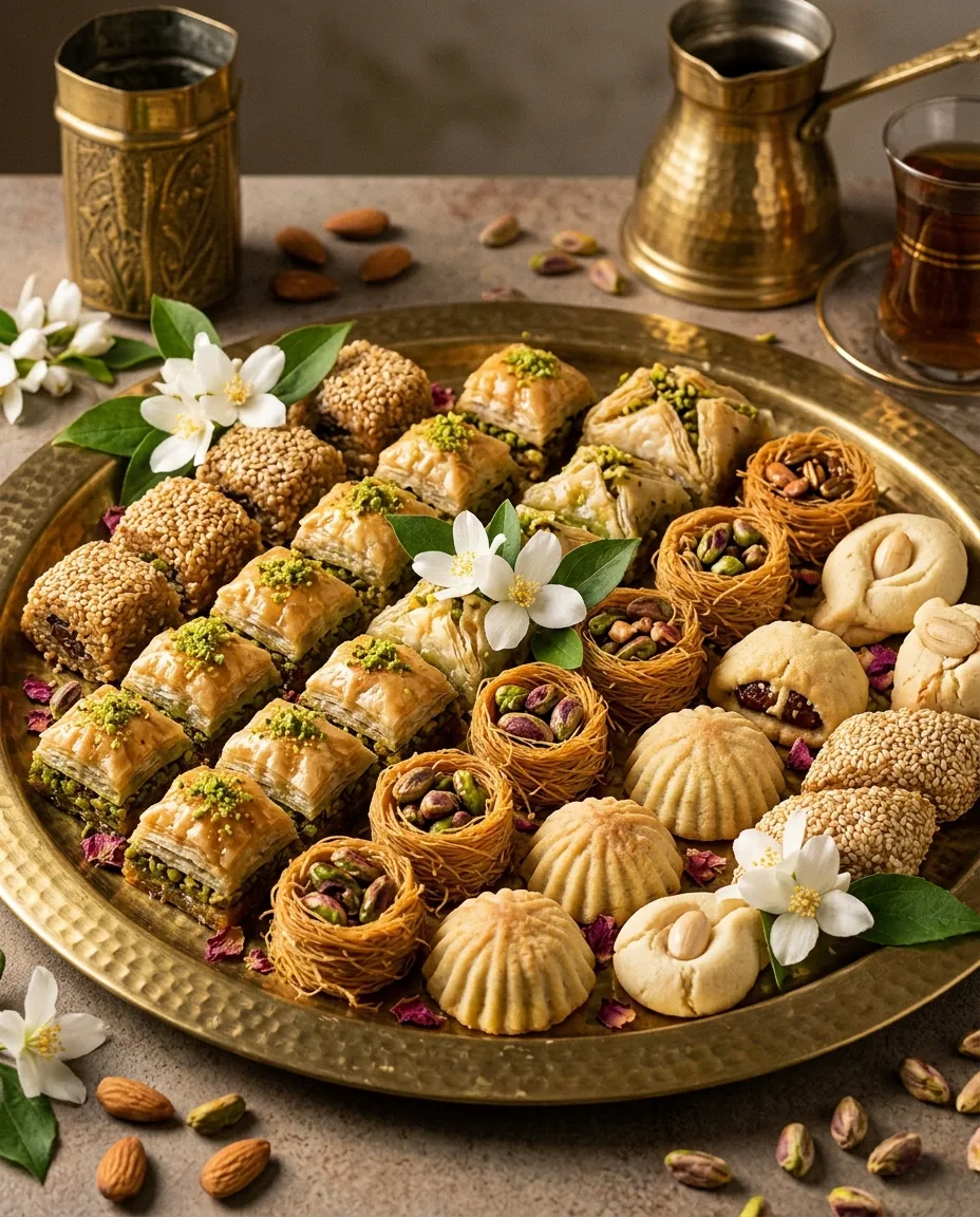 Plateau de laiton martelé garni de baklawas, maamouls et nids de pistache, décoré de fleurs de jasmin
