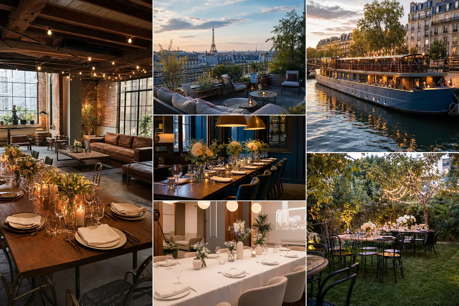 Salle de réception dressée avec tables rondes, prête pour une fête d'anniversaire à Paris