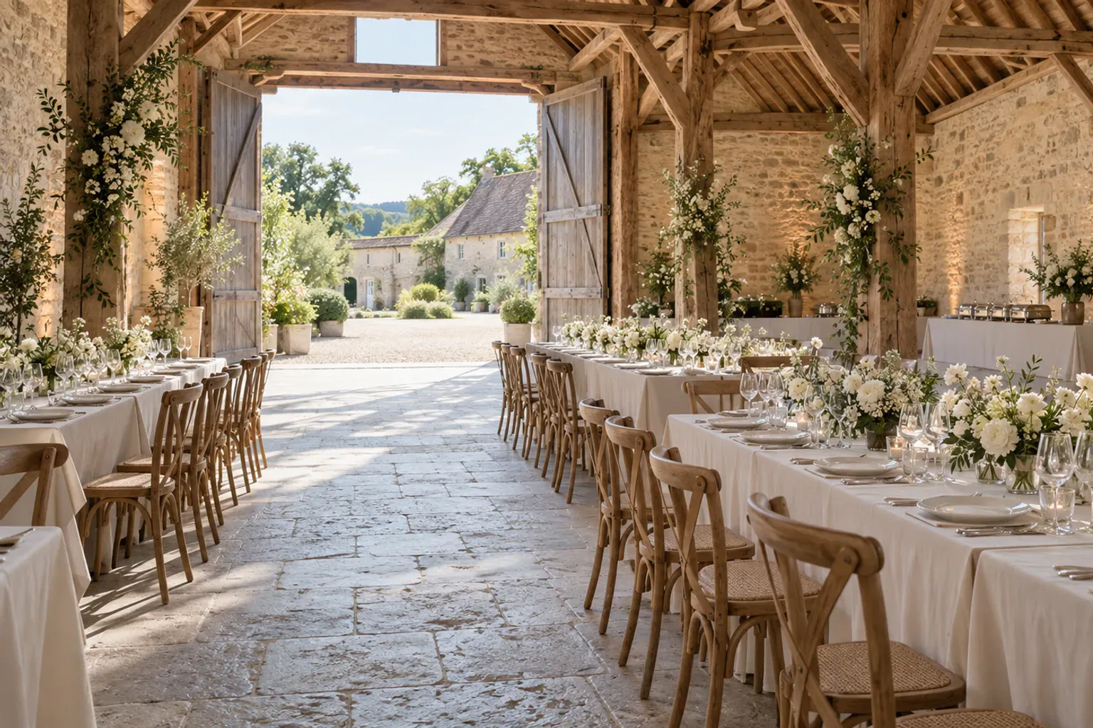 Longue table de dîner de mariage dressée dans une grange aux murs de briques anciennes