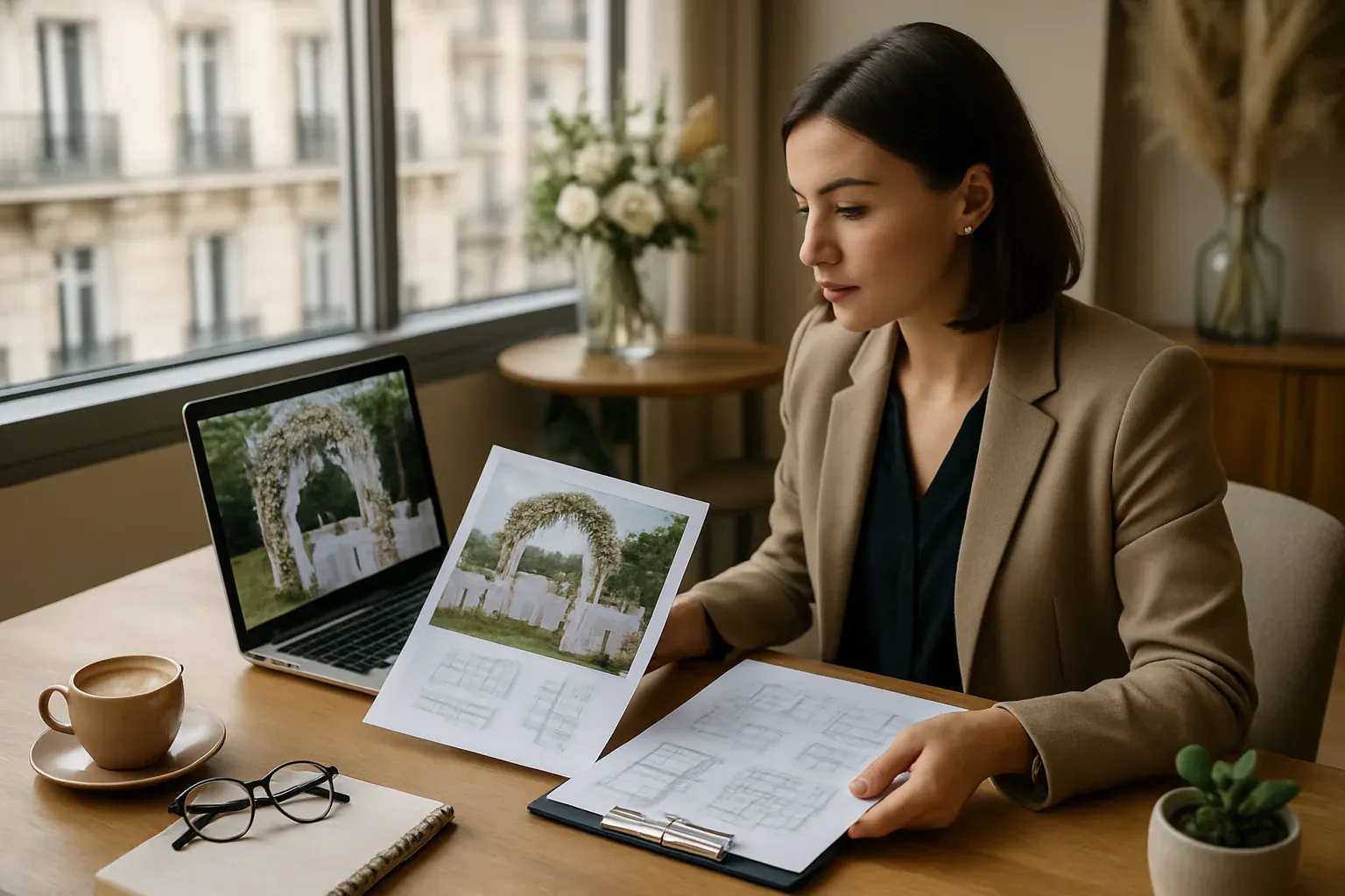 Salle de réception dressée pour une soirée d'entreprise a Paris, tables et décoration soignée