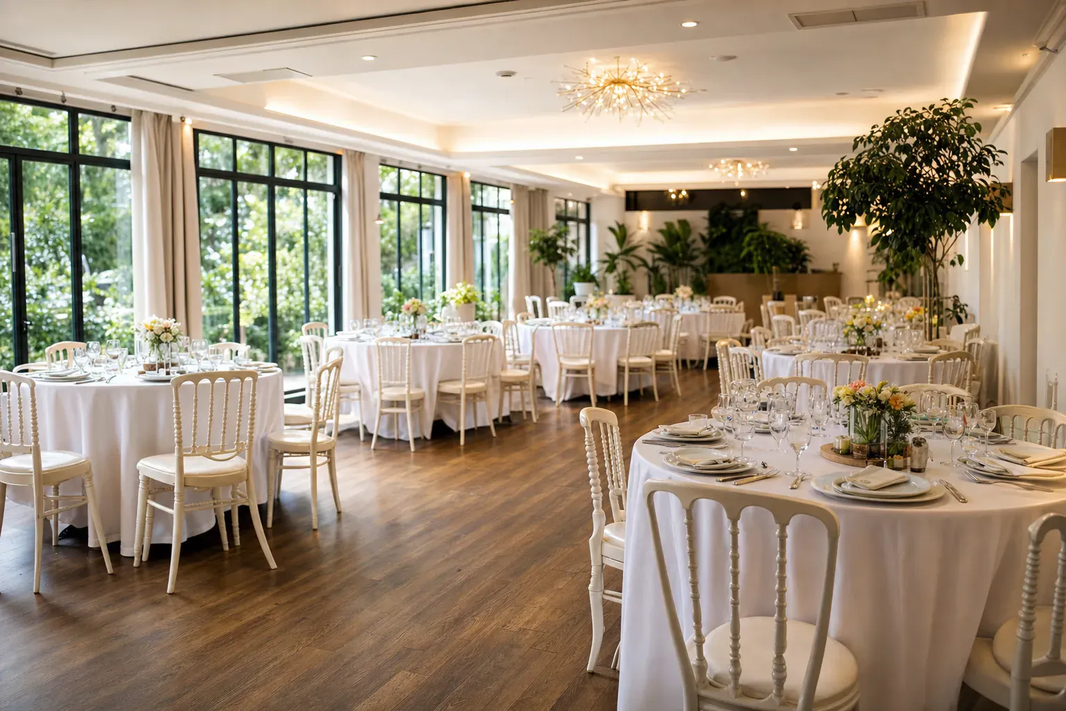 Salle des fêtes dressée avec tables rondes et nappes blanches, prête pour une réception familiale à Paris
