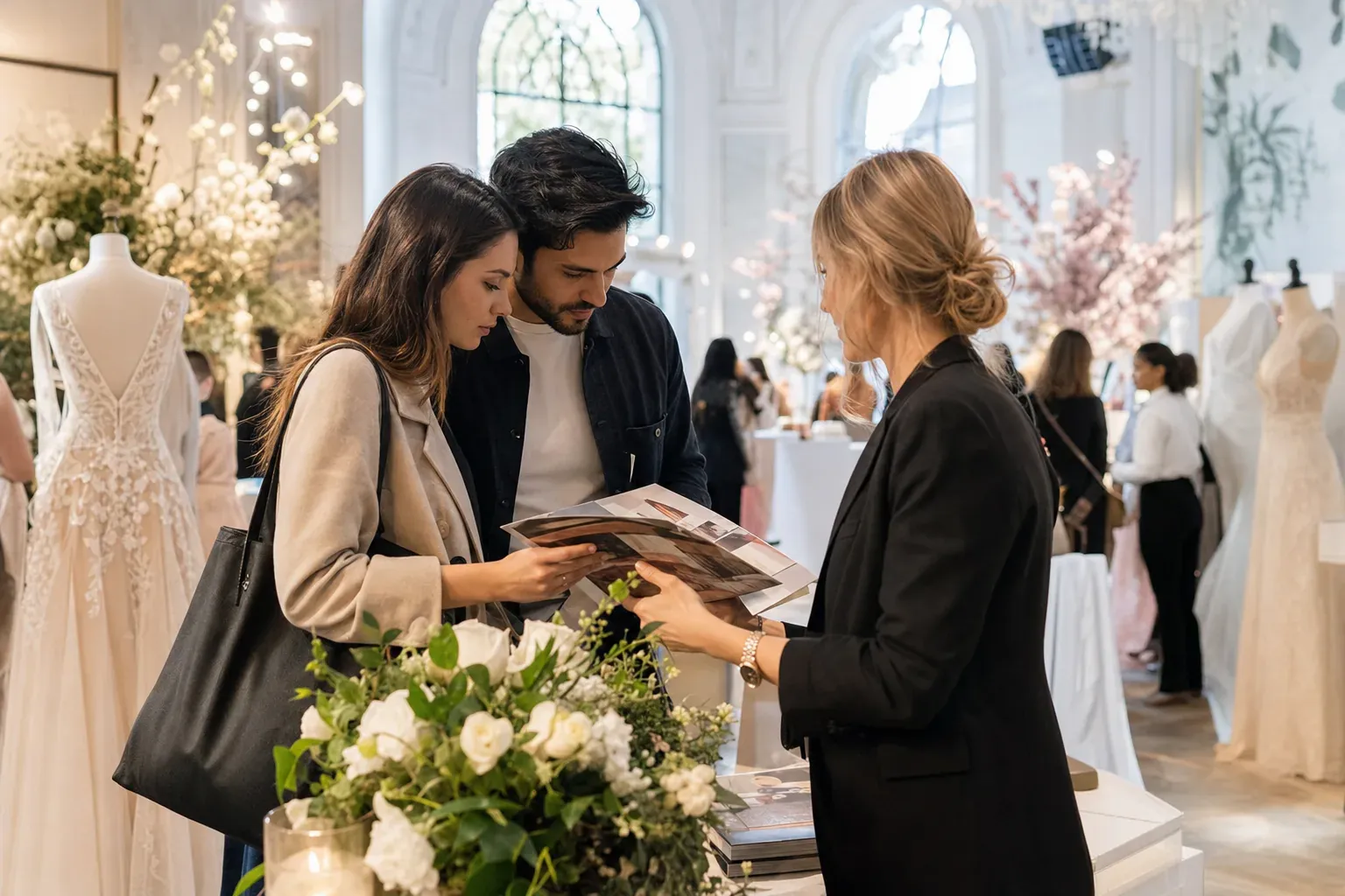 Salle de réception dressée de tables rondes et de compositions florales, comme on en découvre sur les stands d’un salon du mariage