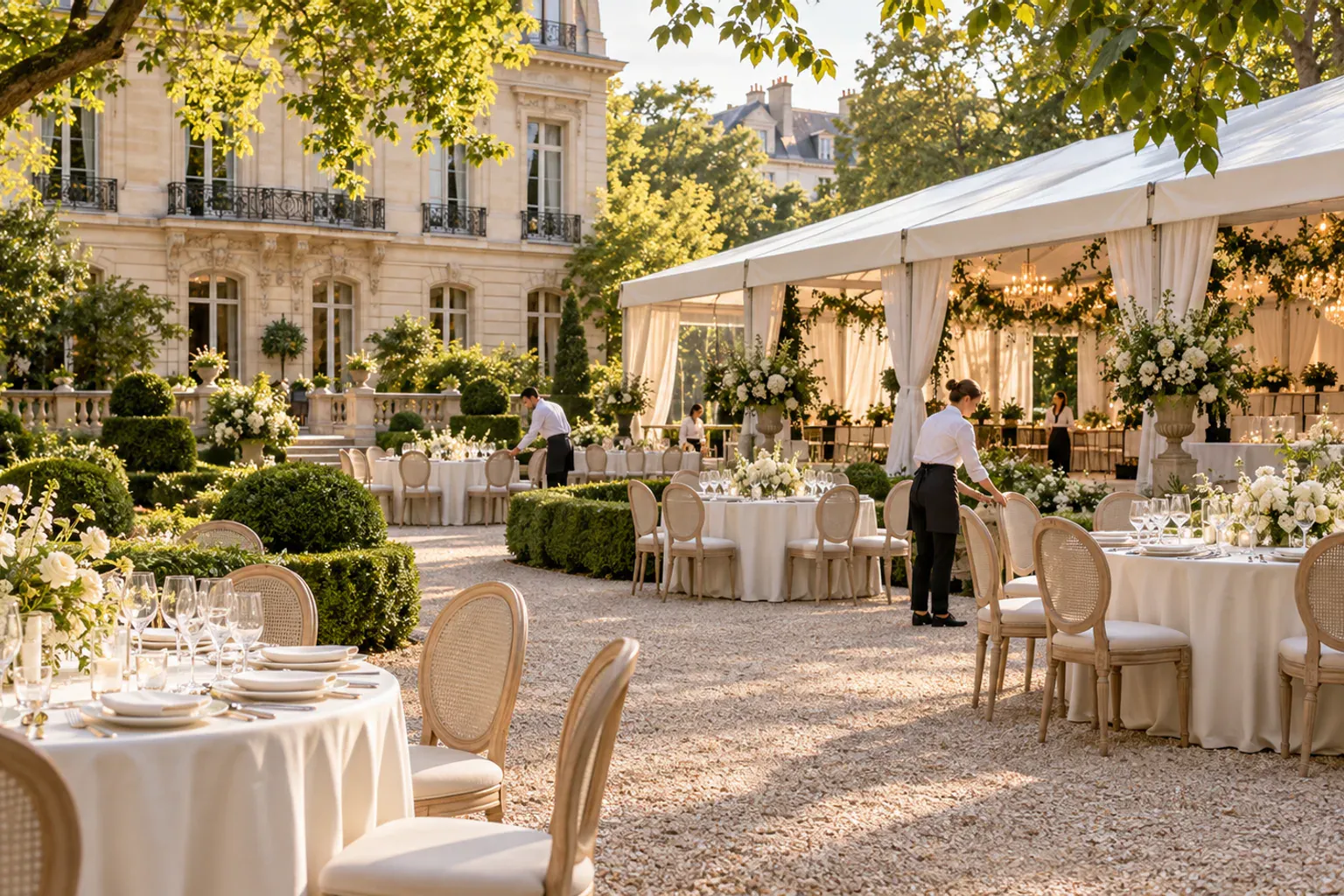 Tente de réception de mariage décorée de fleurs et de guirlandes lumineuses dans un parc au coucher du soleil