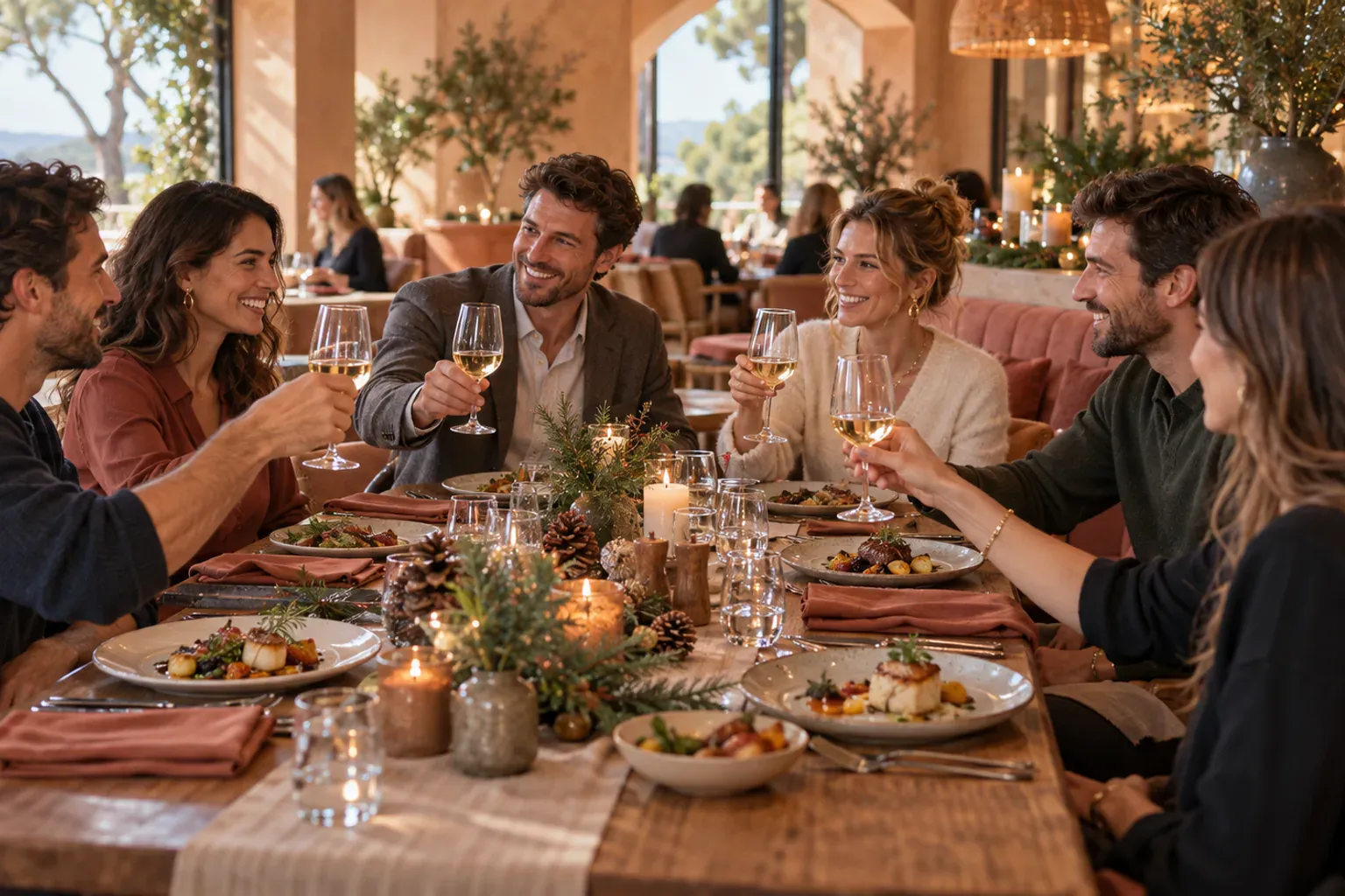 Salle de restaurant avec tables rondes en bois et cave à vin, prête à accueillir un repas d'équipe de fin d'année