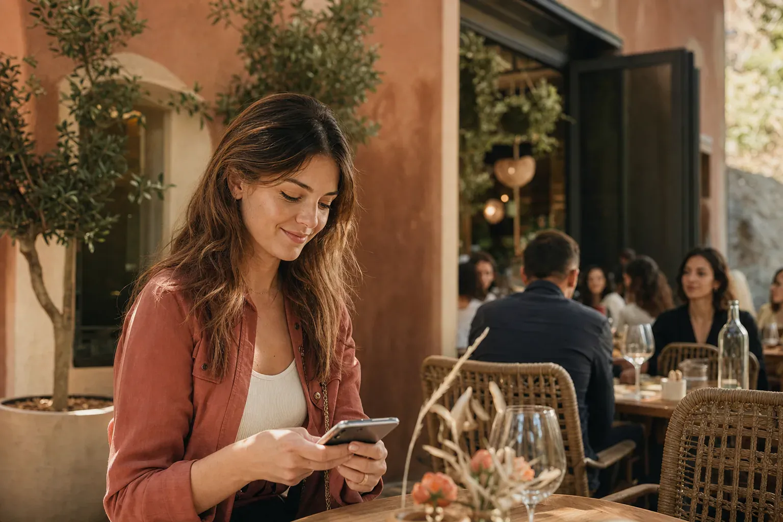 Brasserie terrace set for service, surrounded by greenery