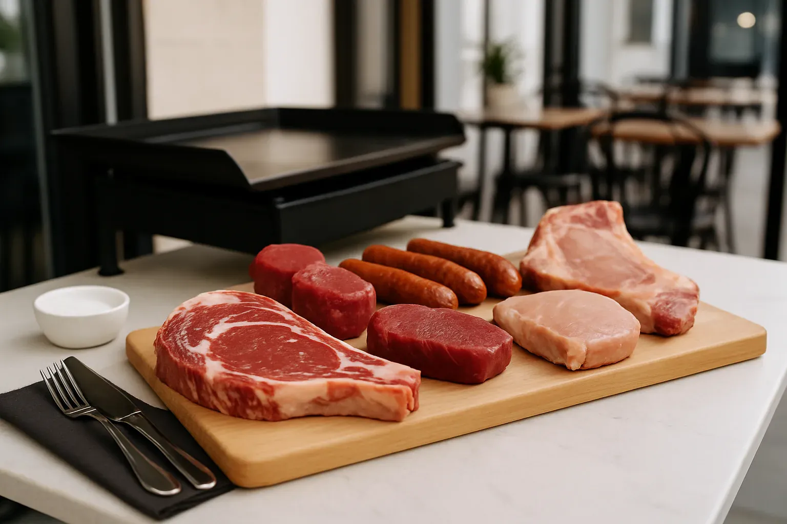 Piece de viande grillee et laquee, saisie et fumante sur une planche a La Plancha des Halles a Beziers