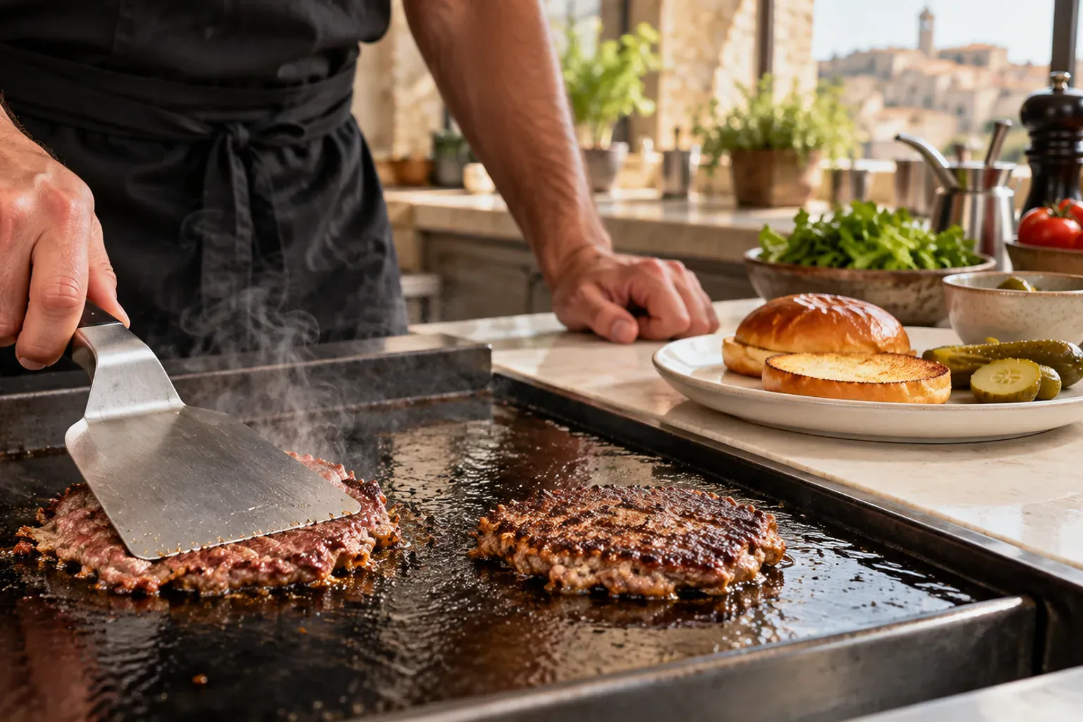 Smash burger au bacon croustillant et cheddar fondu servi sur une ardoise noire avec sa salade