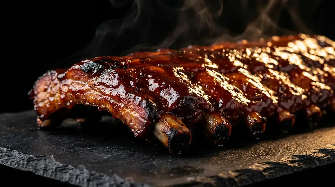 Ribs BBQ glacés à la sauce mahogany, fumée qui monte, sur fond noir dramatique, La Plancha des Halles