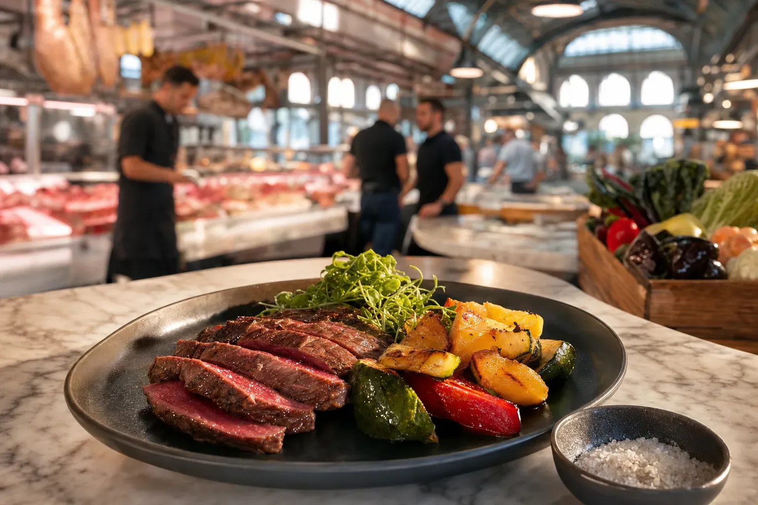 Salle conviviale de La Plancha des Halles à Béziers avant le déjeuner, tables et bancs en bois, fresques et écussons de rugby