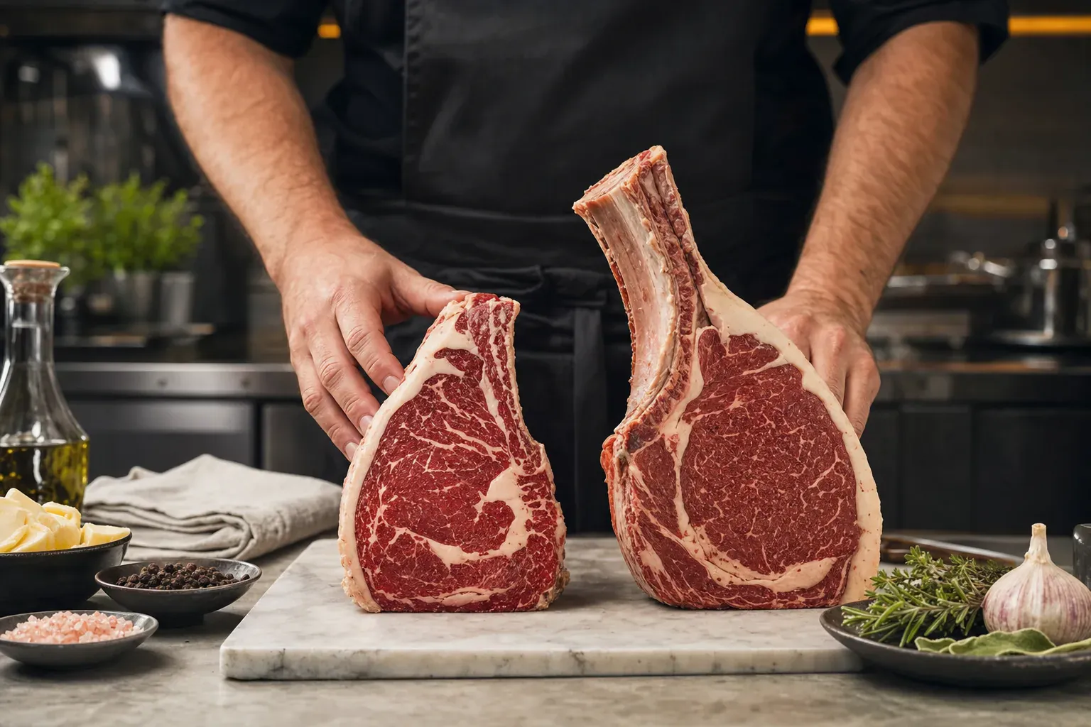 Entrecôte et côte de bœuf comparées côte à côte, illustration éditoriale de La Plancha des Halles