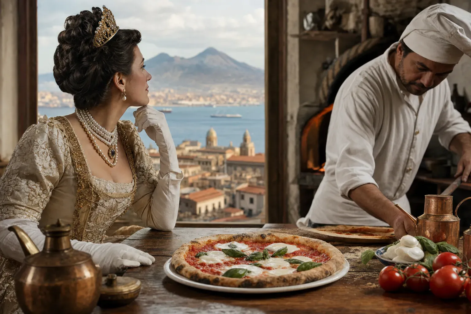 Illustration gourmande de la pizza Margherita aux couleurs de l'Italie, à goûter au feu de bois chez Vecchio Forno Eaubonne