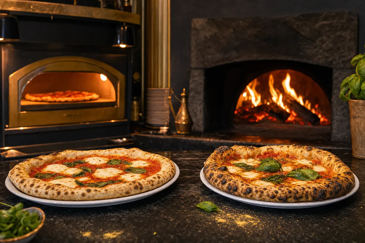 Illustration comparant la cuisson d'une pizza au four à bois à 450 °C et au four domestique à 250 °C