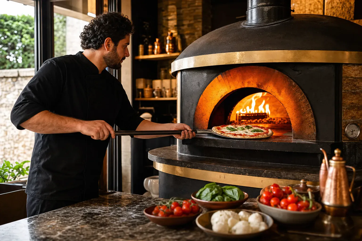 Pizza en train de cuire dans un four à bois flamboyant, bord qui gonfle sous la chaleur intense