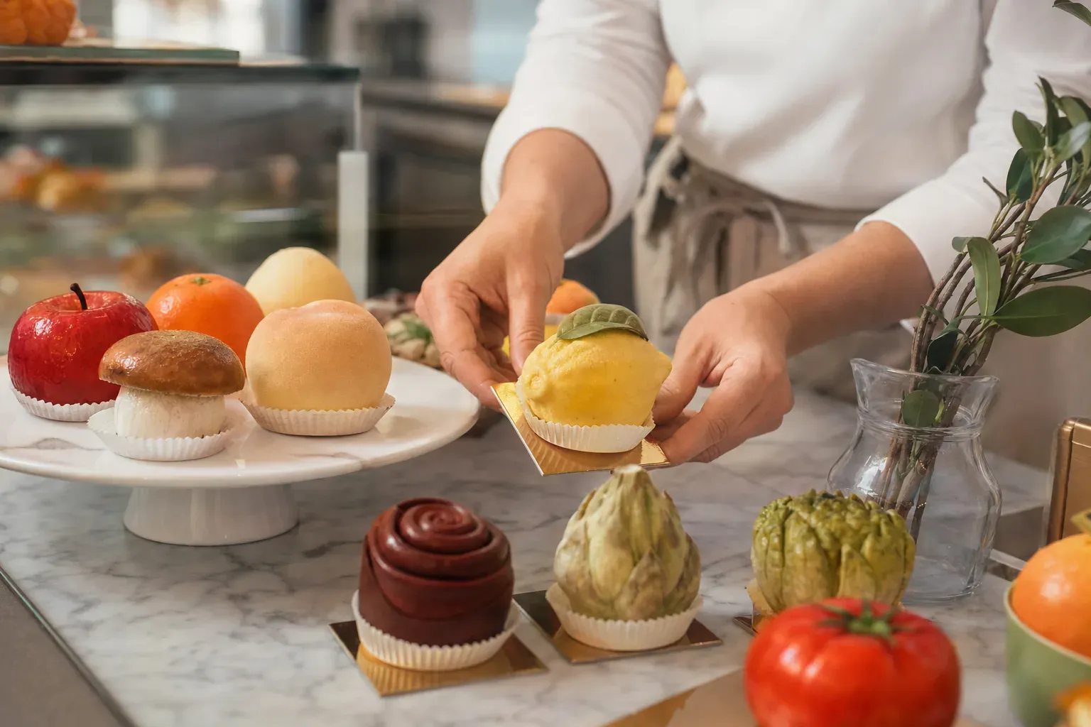 Pâtisserie trompe-l'œil en forme de citron coupé, révélant un cœur crémeux à conserver au frais