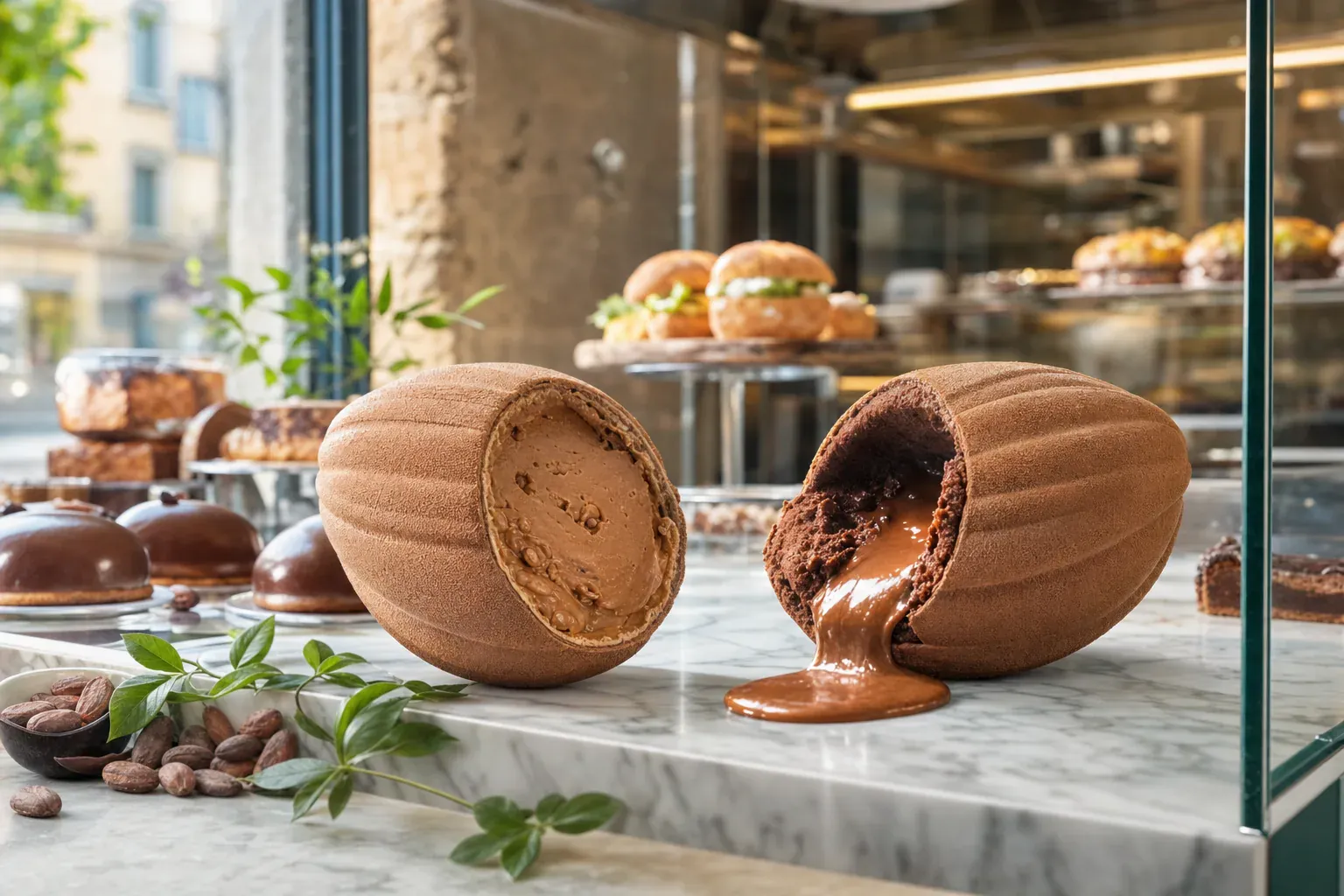 Pâtisserie trompe-l'œil en forme de citron coupé, révélant un cœur crémeux et coulant