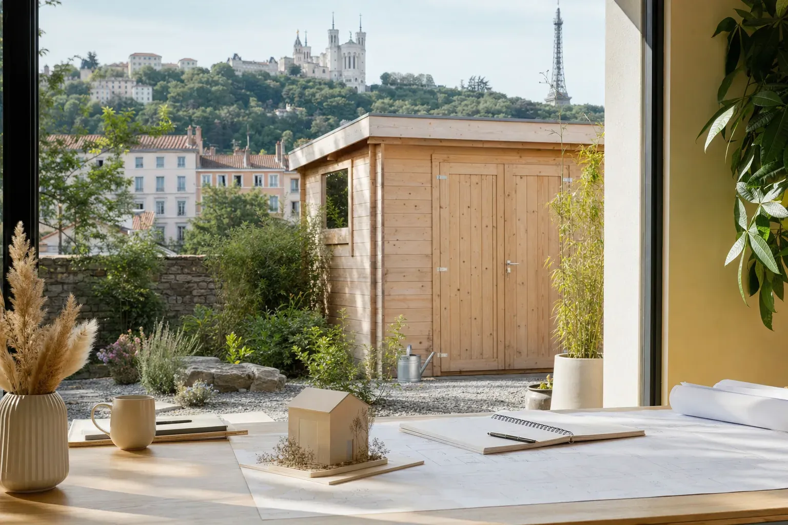 Propriétaire dans l'allée de sa maison à toit de tuiles, devant le jardin où il envisage d'installer un abri