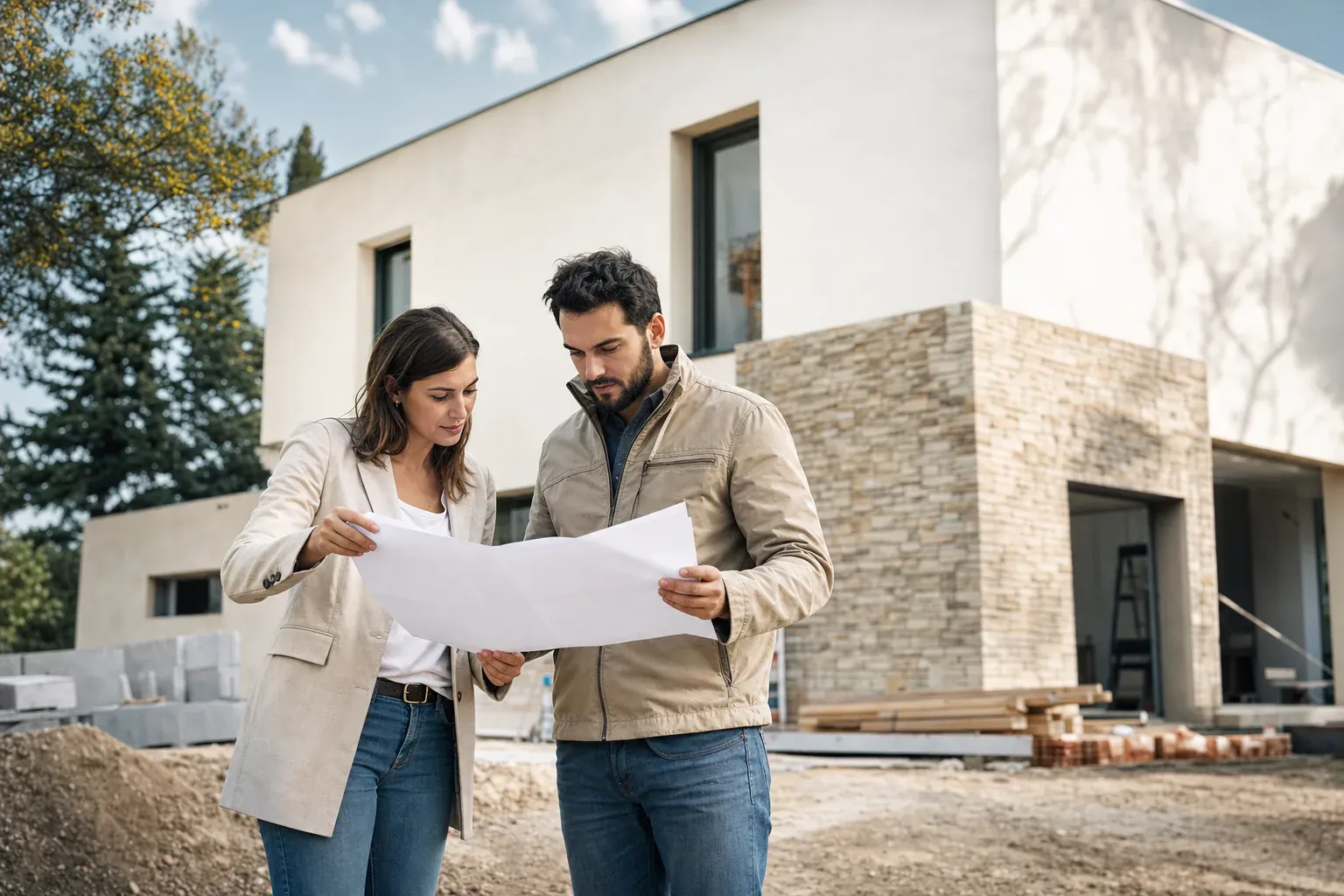 Chantier de maison individuelle en cours, où doit être posé le panneau réglementaire de permis de construire