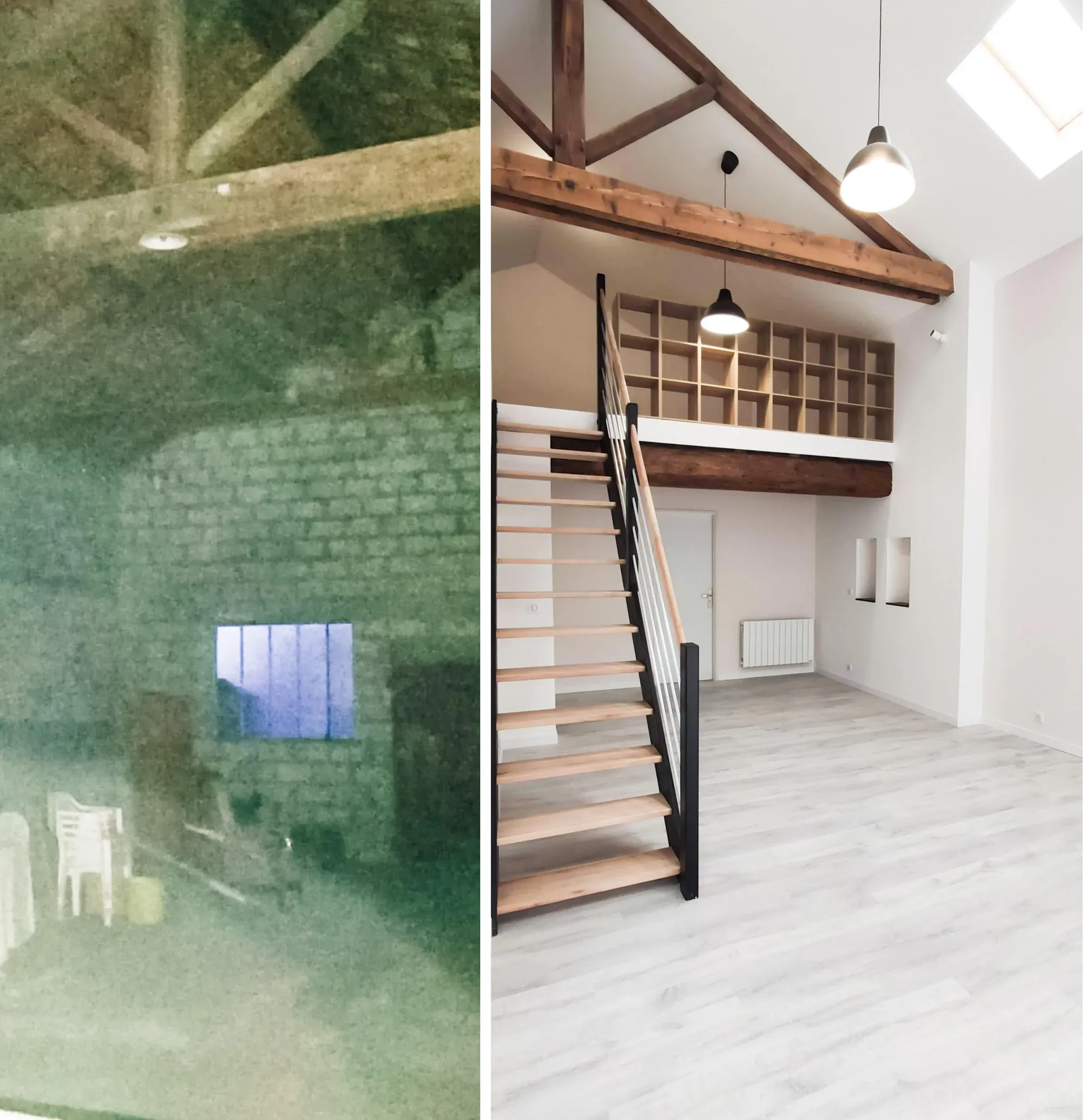Transformation avant et après d'un volume brut en loft avec mezzanine, illustrant un changement de destination soumis à permis de construire