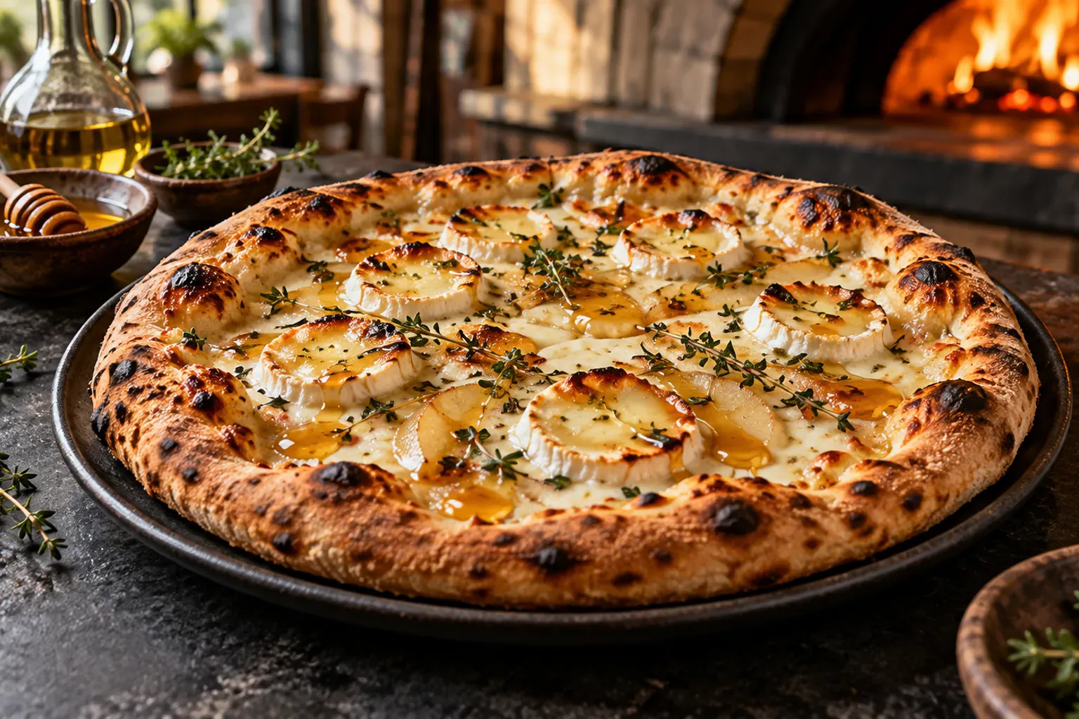 Illustration d'une pizza chèvre miel sur base crème, rondelles de chèvre dorées et filet de miel